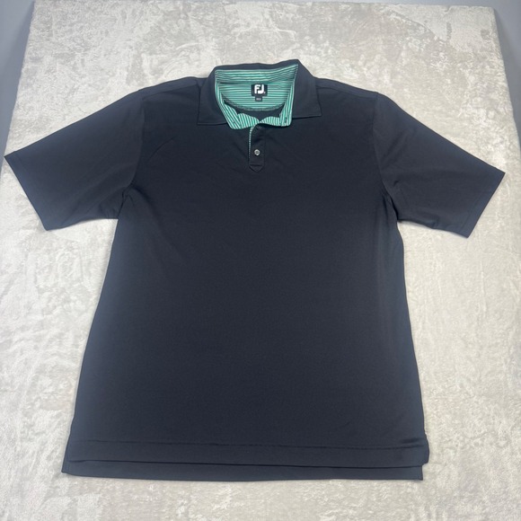 NWOT FJ FootJoy Mens XL Golf Polo Shirt Black Green Striped Collar Athletic Top - Picture 1 of 7